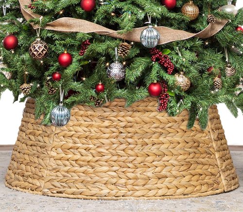 KOLWOVEN 24in Christmas Tree Collar, Christmas Tree Ring Adjustable Water Hyacinth Skirt, Christmas Tree Skirt for Decoration, Base Protection from Pets (Water Hyacinth)