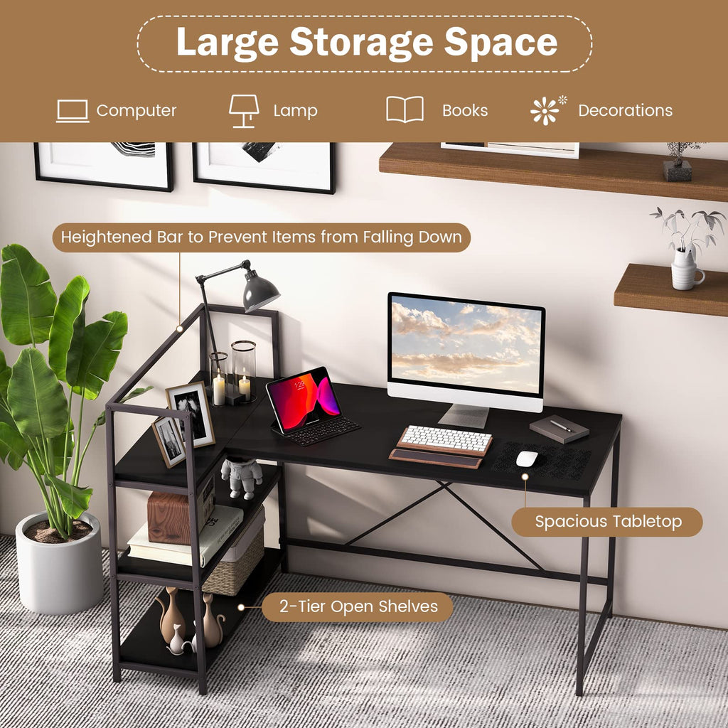 COSTWAY 59 Inch L-Shaped Computer Desk, Large Reversible Corner Desk with Open Storage Shelves, Space-Saving Writing Study Table PC Laptop Gaming Desk, for Home Office (Black)