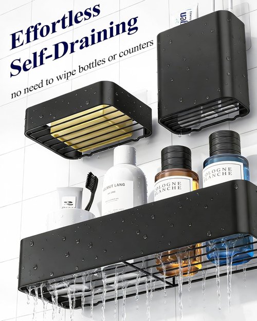 Kitsure Shower Caddy Adhesive - Rustproof 6-Pack No-Drilling Shower Shelves with Soap Holder & Hooks | Large Black Bathroom Organizer