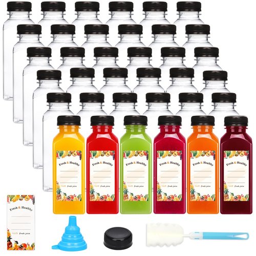 Moretoes 36pcs 12oz Juice Bottles, Plastic Bottles with Lids, Reusable Clear Containers with Caps for Juices, Milk, Smoothie and Other Beverages