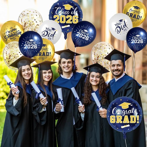 Graduation Balloons by [Brand Name] - Navy Blue & Gold 51-Piece Set with Confetti Ribbons | Perfect for 2026 Grad Party