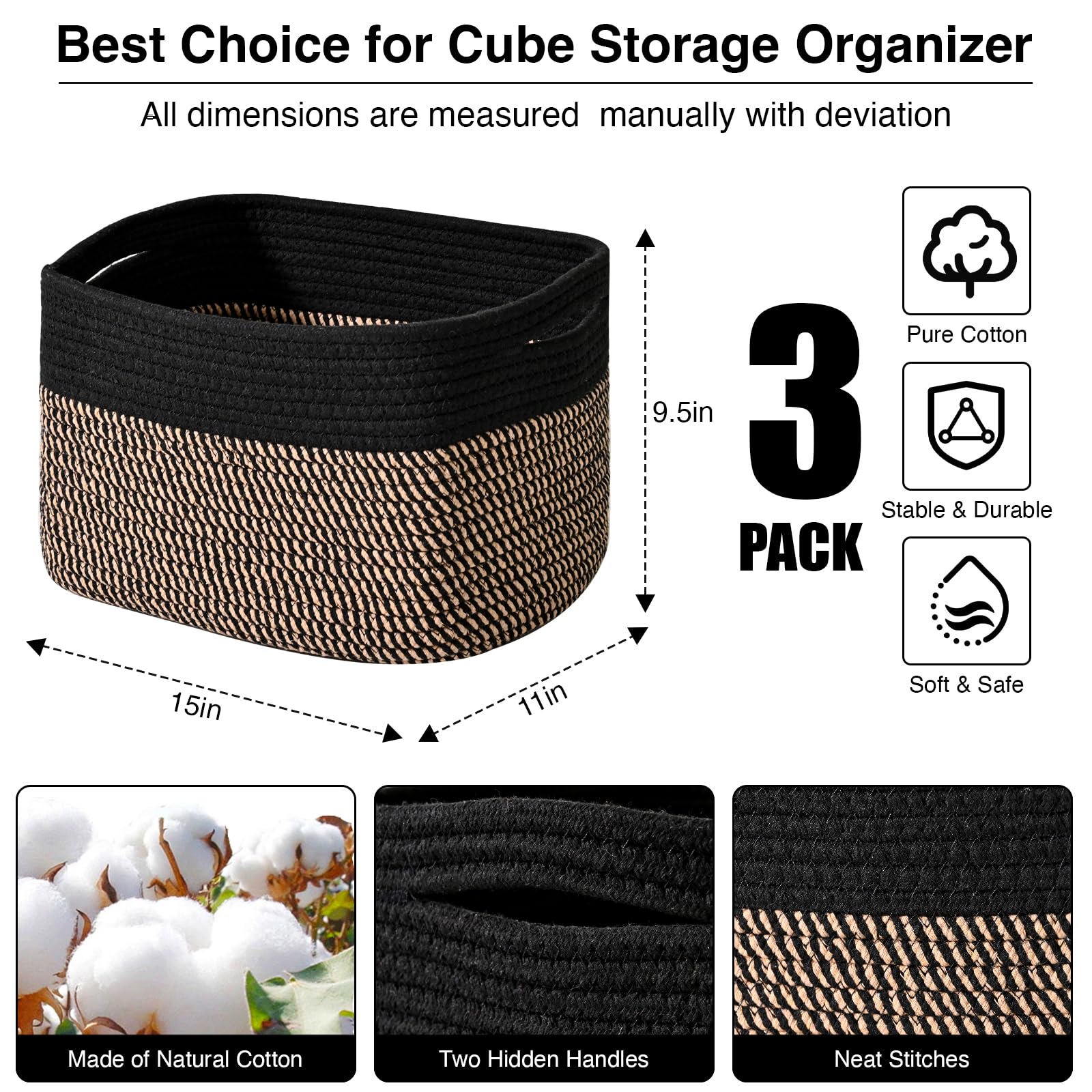 ICERZCZ Storage Baskets for Organizing Shelves, Toy Basket for Kid's Room, Woven Cotton Rope Basket for Decor, Organizing Baskets for Bedroom Living Room, 15"x11"x9.5", 3 Packs, Black & Jute
