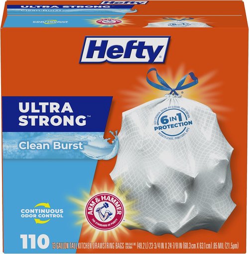Hefty Ultra Strong 13 Gallon Trash Bags - Drawstring Closure & Odor Control | 110 Count, Clean Burst Scent