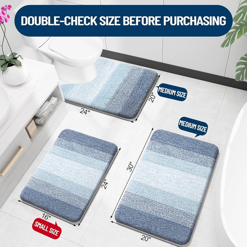OLANLY Bathroom Rugs Set - Soft Absorbent Microfiber Mats with U-Shaped Contour Rug | 3-Piece Plush Set (Blue)
