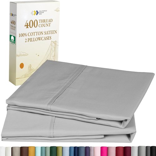 California Design Den King Size Pillowcase Set - 400 Thread Count 100% Cotton Sateen | Soft Breathable Light Grey - Set of 2