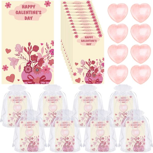 Threehoney 120 Pcs Galentine Gift for Women Bulk with Heart Shape Rose Quartz Galentine Greeting Card 2 x 3 Inch Heart Gemstones Organza Bags for Exchange Valentine Gifts Friends Party Supplies