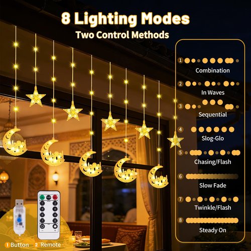 Ramadan Lights Decorations,130 LED Ramadan Decorations for Home 2026,Moon and Star Curtain String Lights with Remote Timer,8 Lighting Modes,Eid Decorations for Indoor Window Bedroom Party Holiday