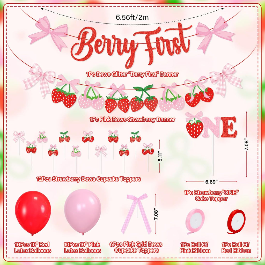 Skiennix Pink Bow Strawberry First Birthday Party Decor - Glitter Berry Banner & Cake Topper Set