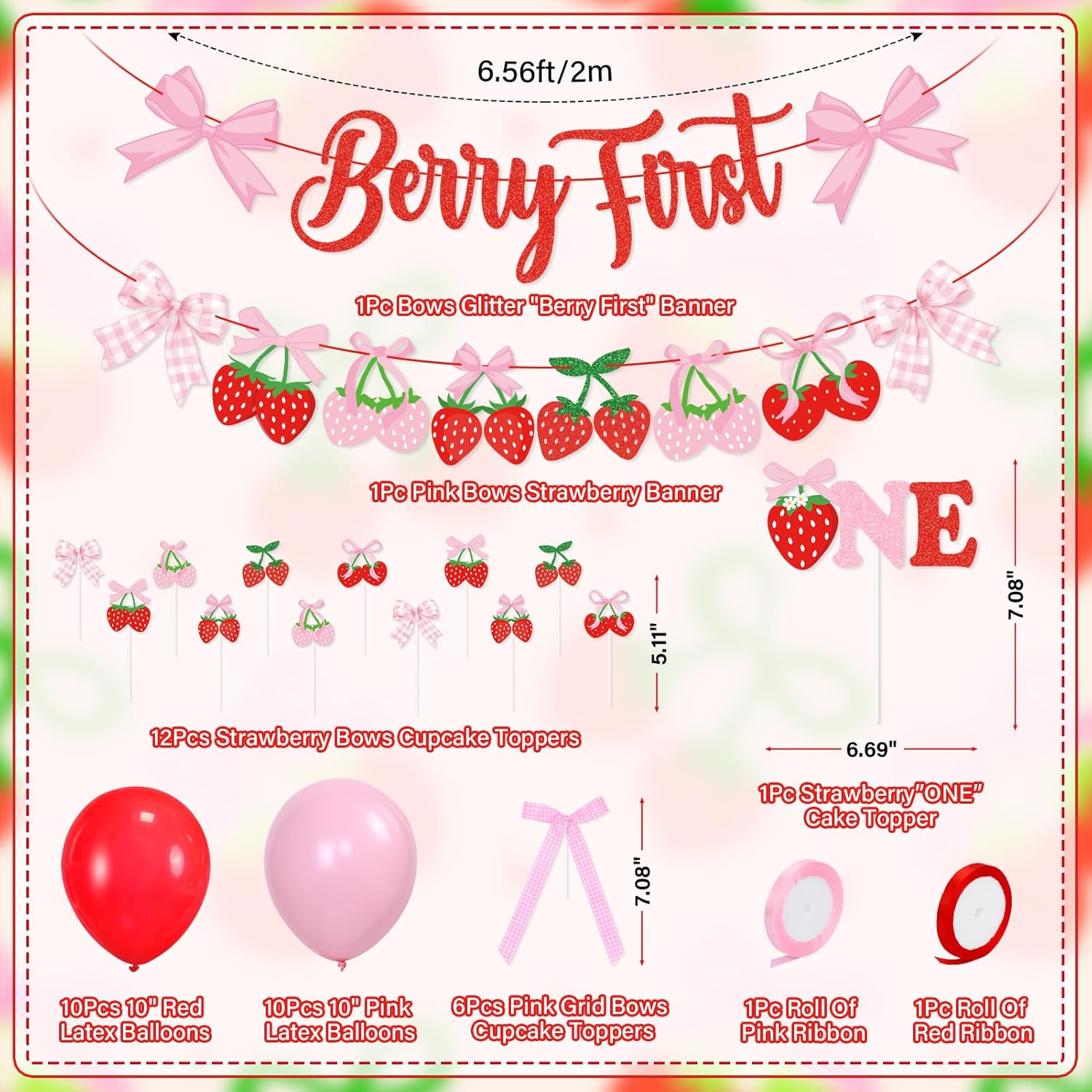 Skiennix Pink Bow Strawberry First Birthday Party Decor - Glitter Berry Banner & Cake Topper Set