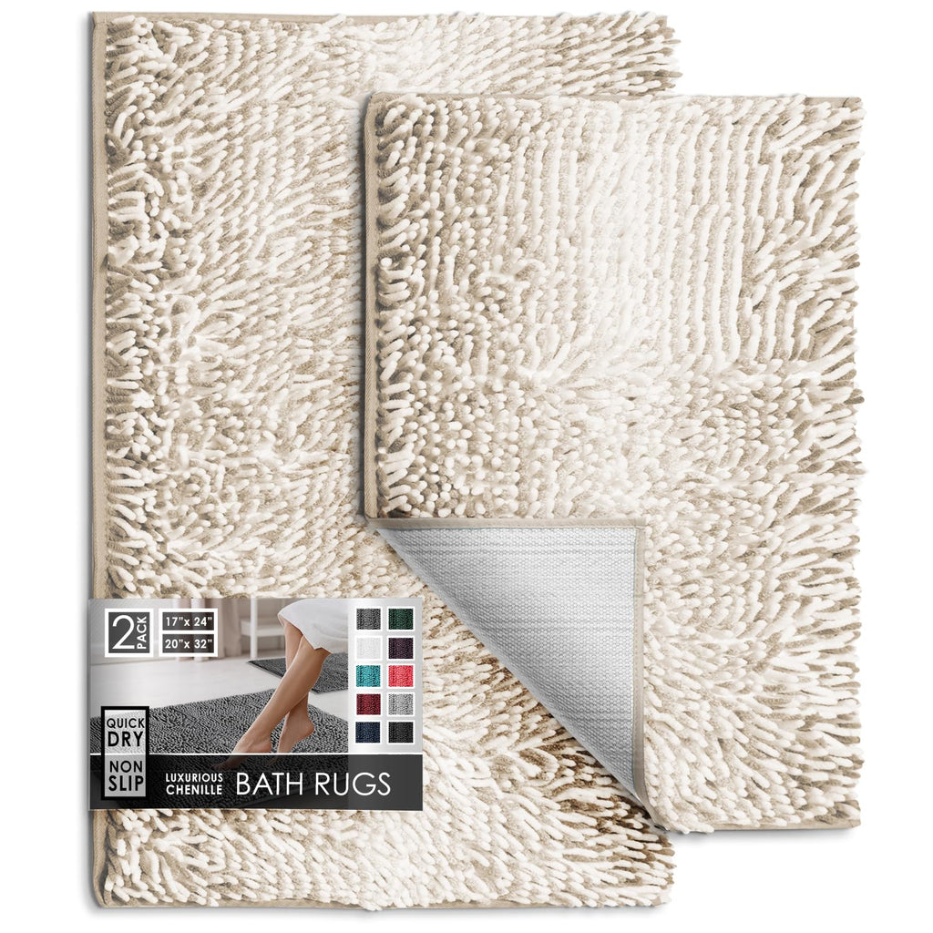 Hearth & Harbor Bathroom Rugs, Chenille Bath Mat - Machine Washable Bath Mats for Bathroom Non-Slip Backing Rubber, Quick Dry Bathroom Mat, 17 x 24 + 20 x 32 - Ombre Beige