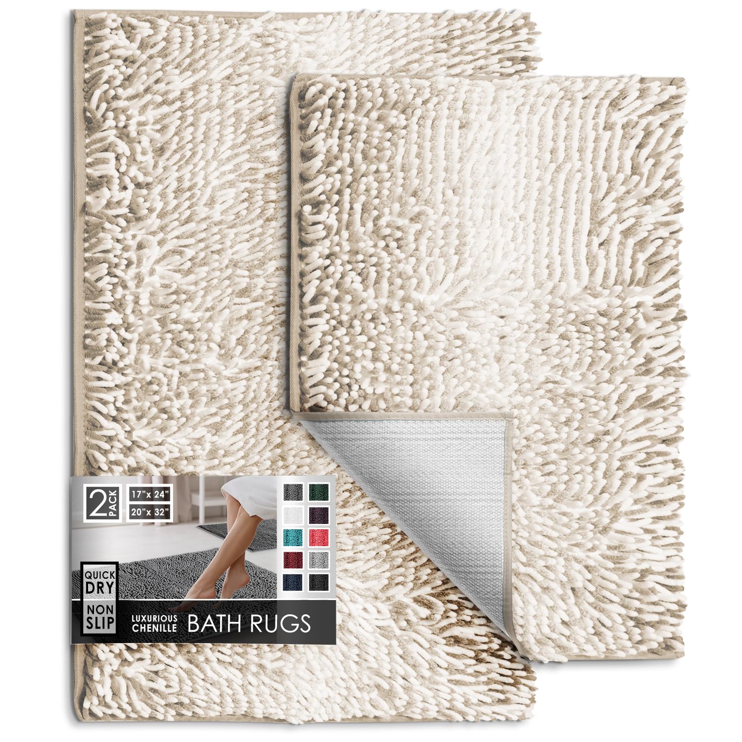 Hearth & Harbor Bathroom Rugs, Chenille Bath Mat - Machine Washable Bath Mats for Bathroom Non-Slip Backing Rubber, Quick Dry Bathroom Mat, 17 x 24 + 20 x 32 - Ombre Beige