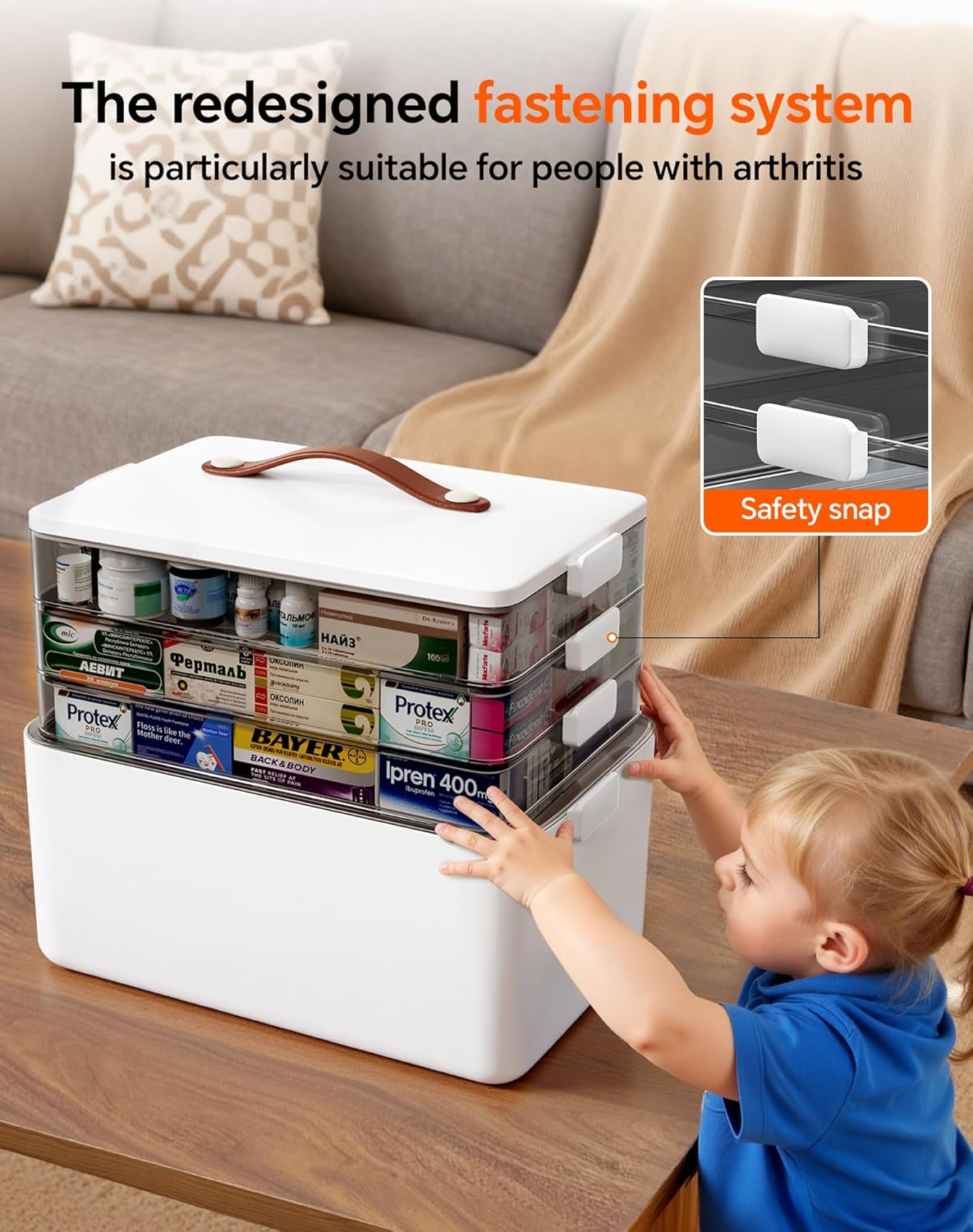 Skiennix 4-Tier Medicine Cabinet Organizer - Stylish Leather Handle & Portable Pill Organizer | Versatile Storage Solution for Home Emergencies