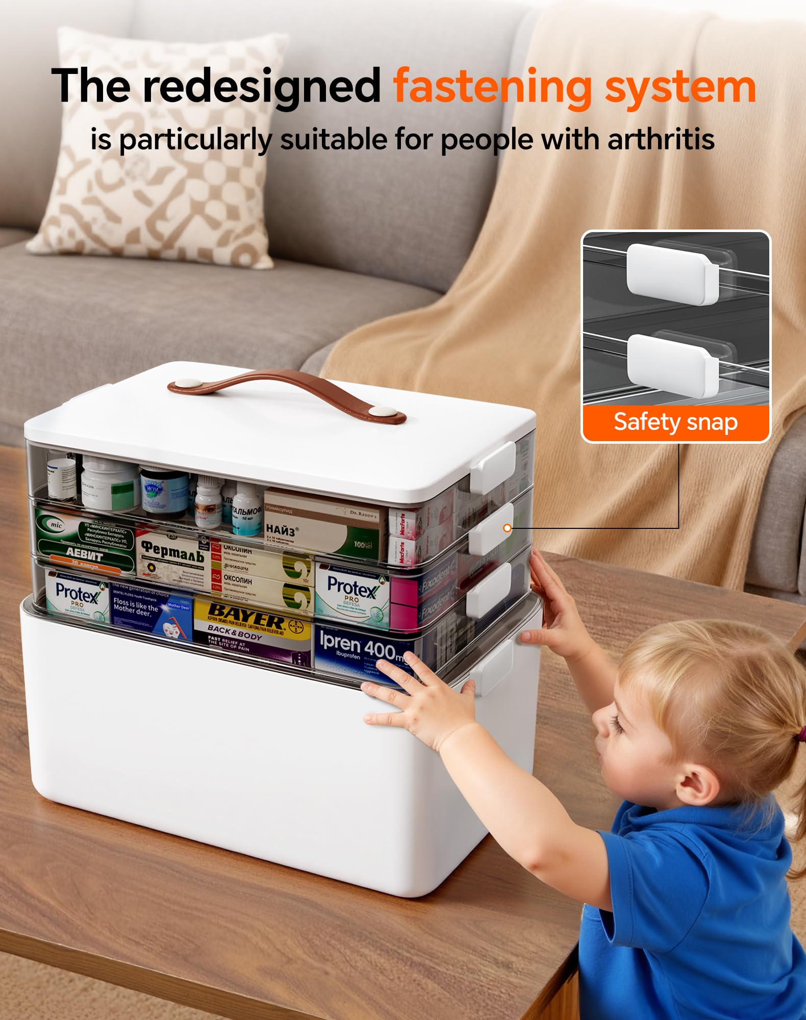 LEGUO Medicine Storage Organizer, 4-Tier Medicine Box with 7-Day Pill Case, Clear Trays and Carry Handle, Empty First Aid Storage Case for Pills and Bottles