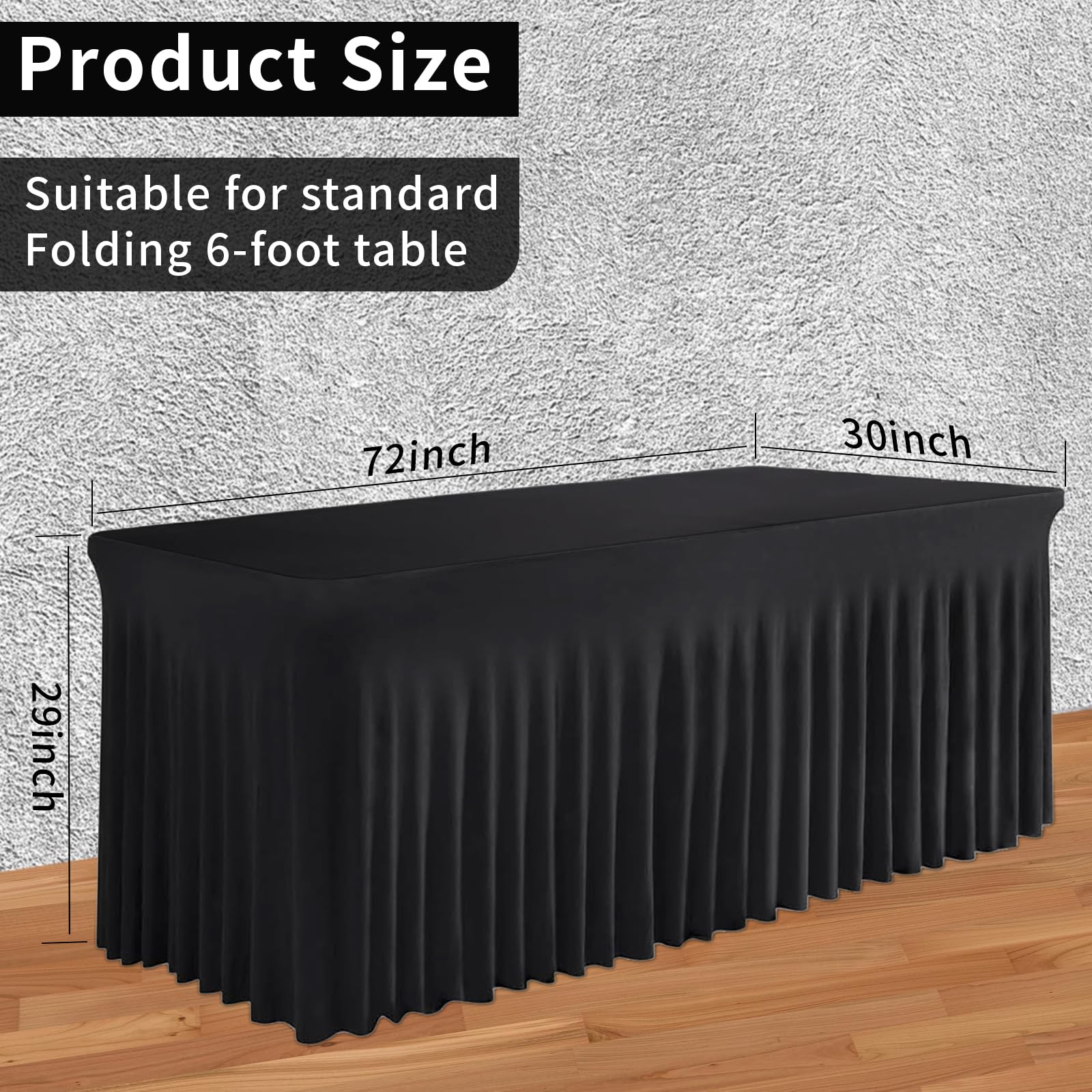 Tohetsuzp 2 Pack Black Table Skirt, Wrinkle-Free Spandex Table Covers 6ft, Elastic Fitted Washable Tablecloth for Rectangle Tables for Wedding, Banquet, Party, Events