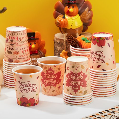 JOYIN 36 PCS Thanksgiving Disposable Cups,9 oz Pumpkin Maple Leaves Paper Cups, for Juice, Coffee, and Hot/Cold Drinks, 4 Charming Designs for Thanksgiving Party Fall Leaves Harvest Decoration