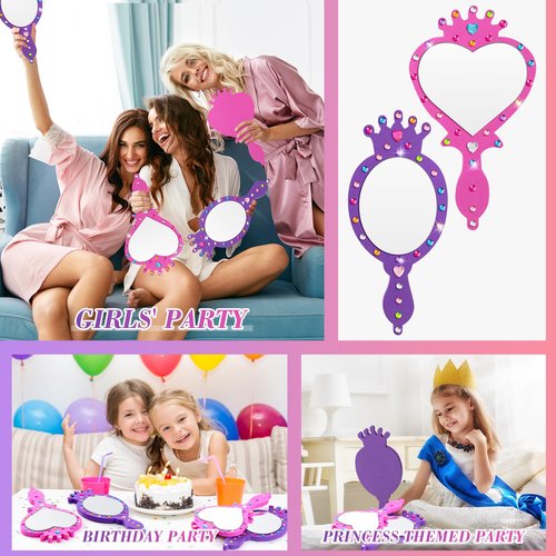 Geetery 20 Pcs Unbreakable Kids Mirror DIY Decorate Your Own Princess Mirror Mermaid Princess Foam Small Crafts for Princess Party Decorations(Purple, Pink)