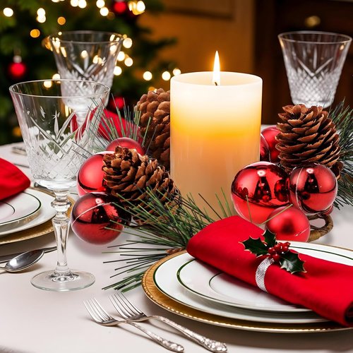 FoldTier Christmas Candle Rings - 4 Pcs Red Berries & Pine Needles Garland | Rustic Table Centerpieces