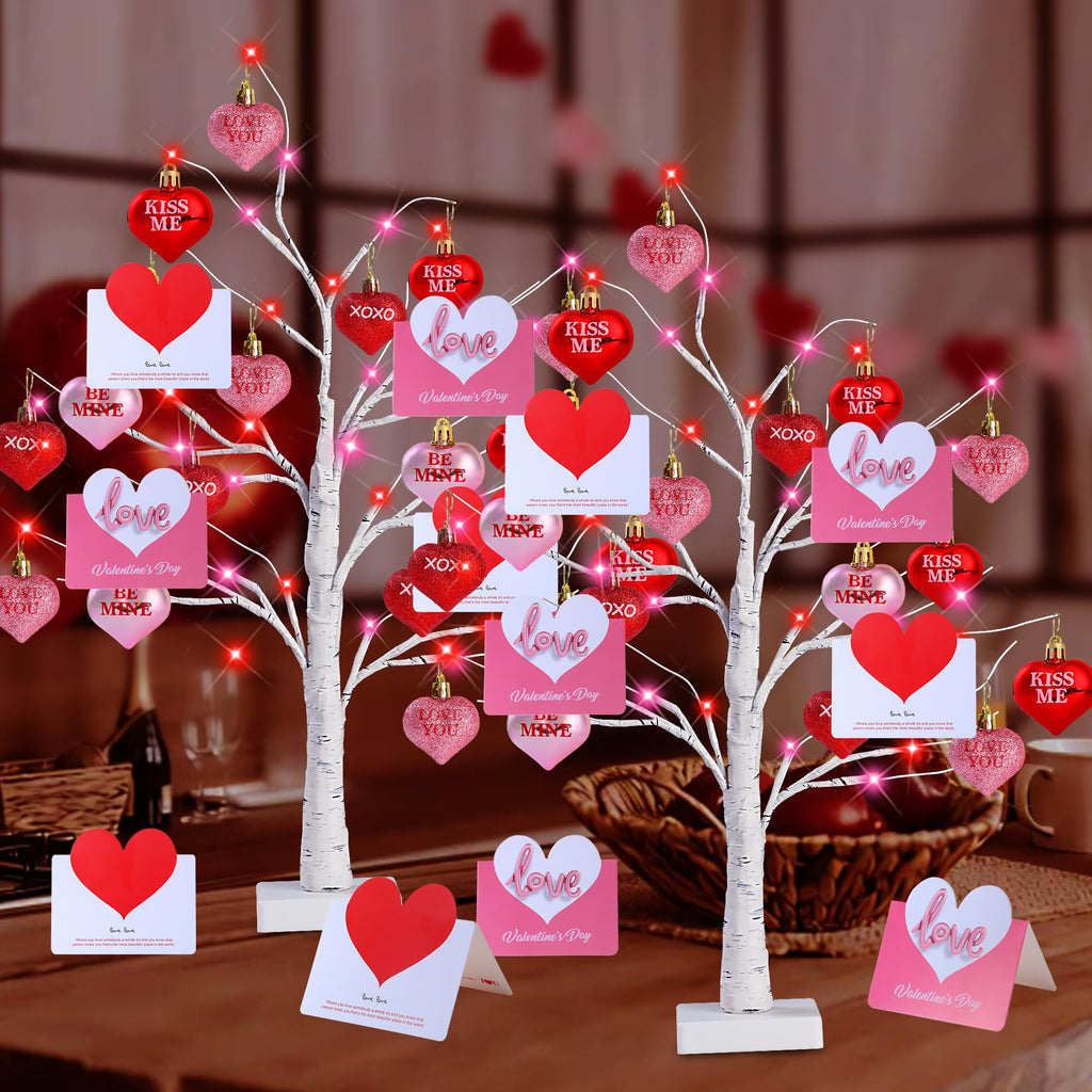 Sggvecsy 2 Pack Birch Trees with Heart Ornaments 24’’ Artificial Heart Table Tree Valentines Day Decorations with Cards Tree Decor for Valentine's Day Gifts Home Party Festival Decorations