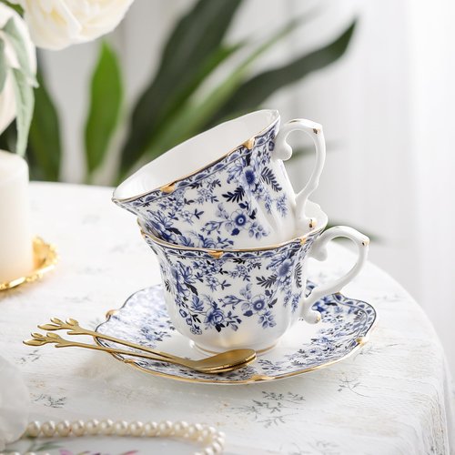 TATSUMI Country Roses Bone China Tea Cup and Saucer Set, 6 Pieces, Vintage Style, For Women and Tea Parties（QH, 2 SETS）