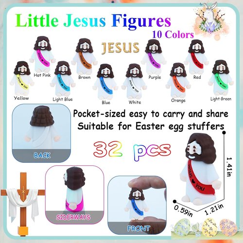 Little Jesus Figures by [Brand Name] - 32 Mini Rubber Jesus Figurines for Easter Egg Hunts | Colorful Party Favors
