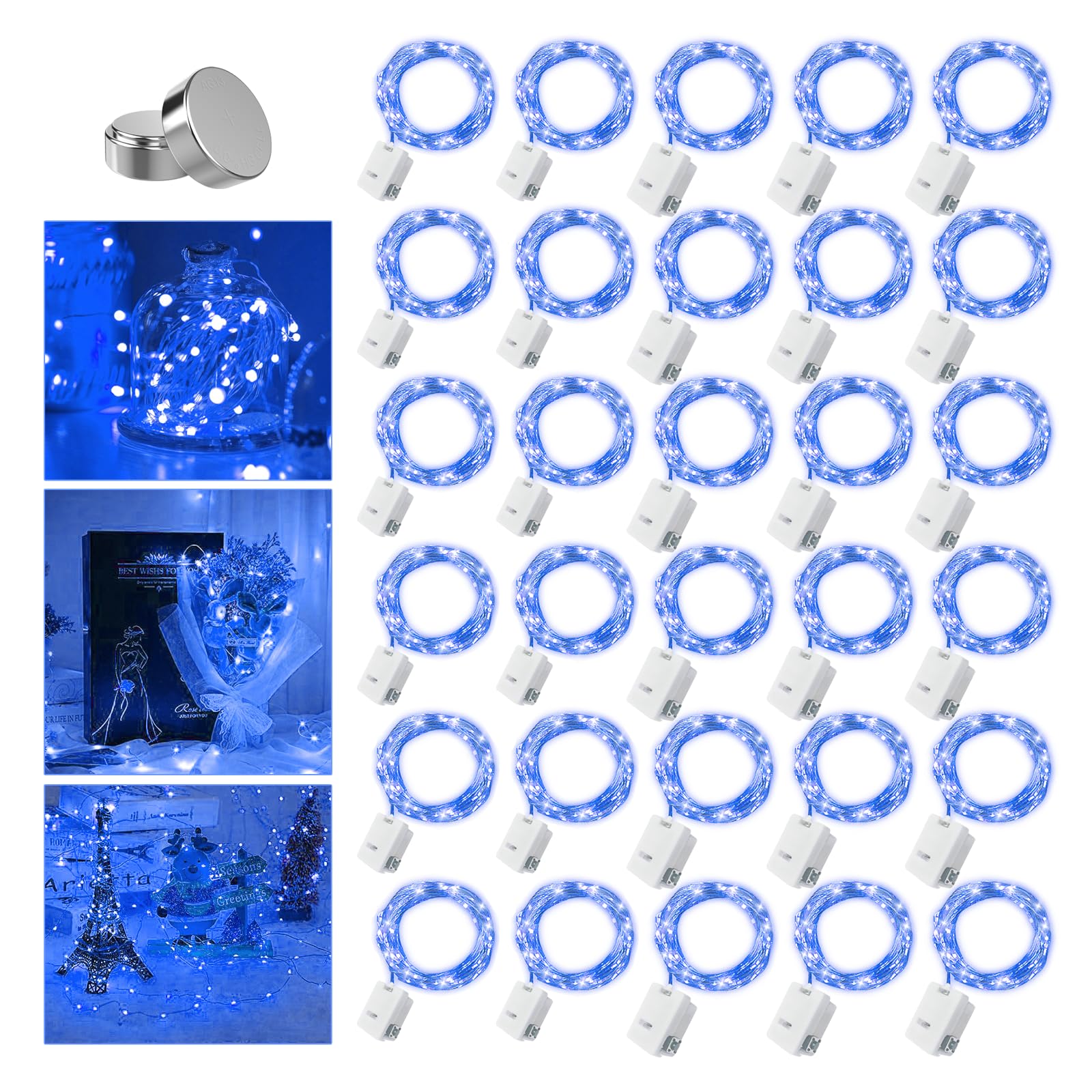 30 Pack Fairy Lights Battery Operated - 3 Speed Modes, 7Ft 20 LED String Twinkle Lights, Waterproof Copper Wire, Mini Firefly Light for Mason Jars Vases Christmas Decor, Multi-Colored
