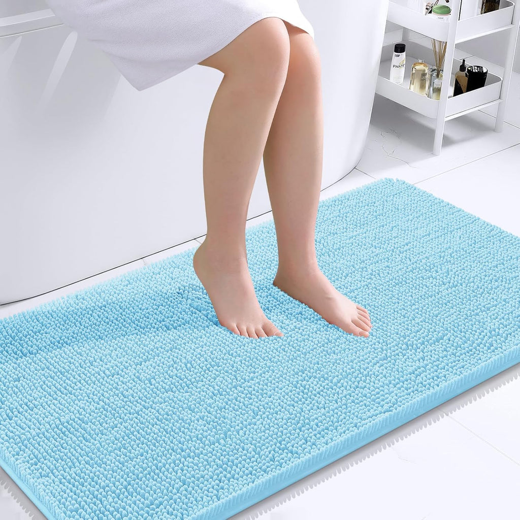 OLANLY Bathroom Runner Rugs - Soft Chenille Bath Mats with Rubber Backing | Quick Dry, 44x24, Sky Blue