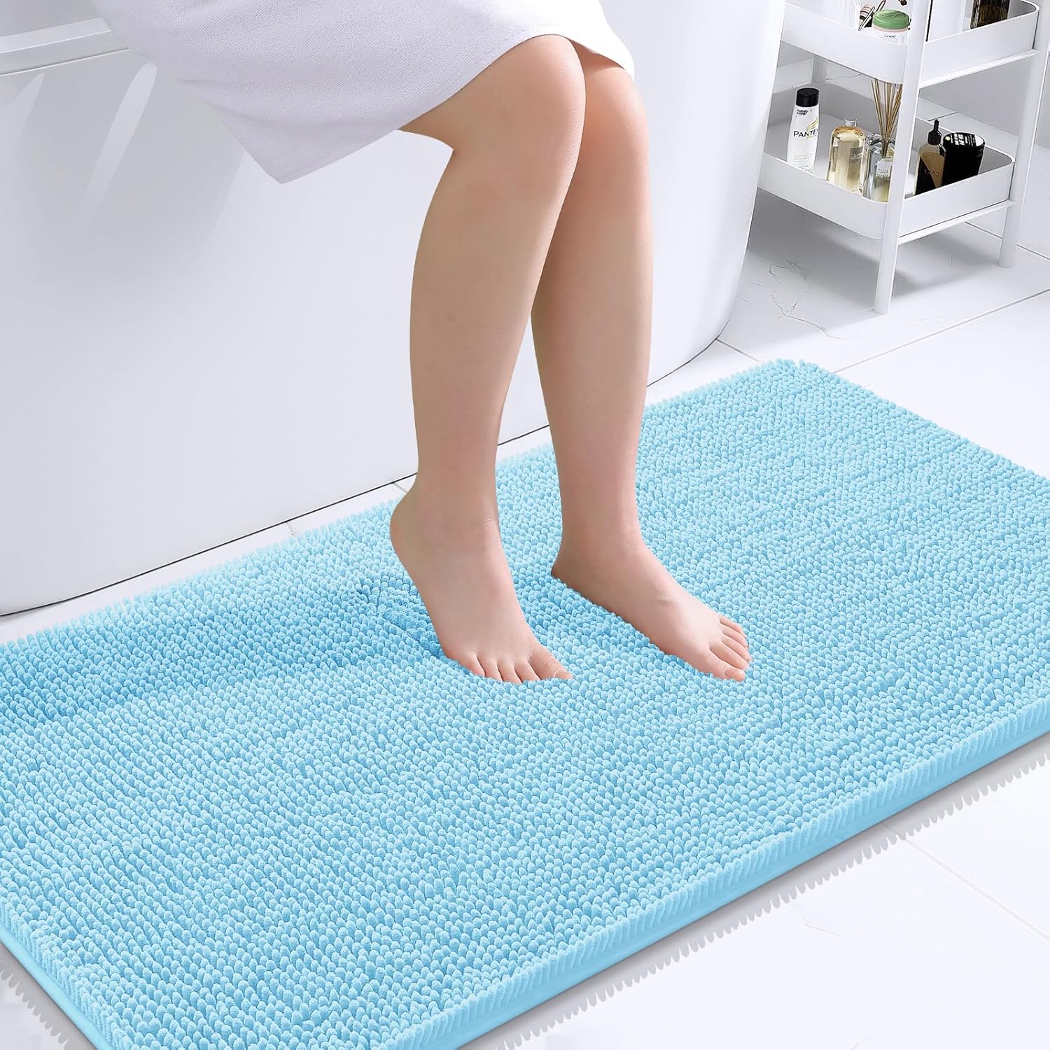 OLANLY Bathroom Runner Rugs - Soft Chenille Bath Mats with Rubber Backing | Quick Dry, 44x24, Sky Blue