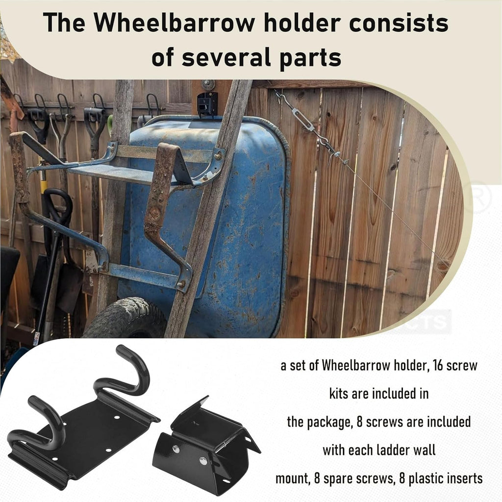 Wheelbarrow Storage Bracket by [Brand Name] - Heavy Duty 90 lbs Capacity with Spring Loaded Lift Latch