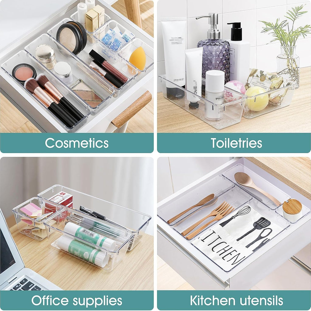 WOWBOX 25 PCS Clear Plastic Drawer Organizer Set - Versatile Dividers for Makeup, Jewelry & Gadgets | 4 Sizes