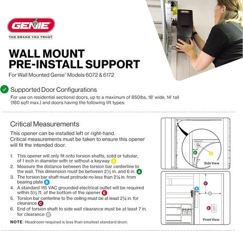 Genie 6072H-B Wall Mount Garage Door Opener - Space-Saving Design with Battery Backup