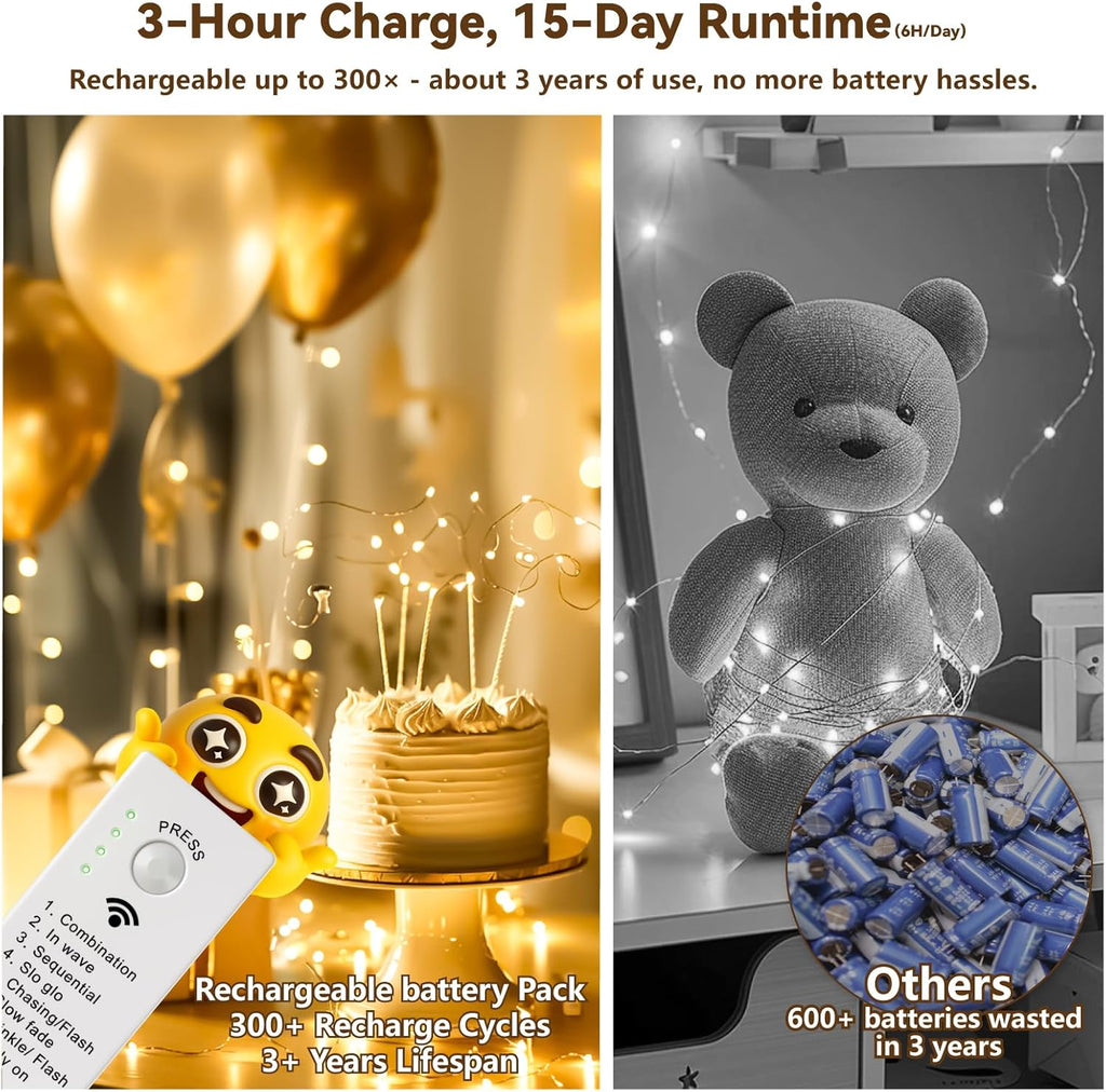 ZSJWL Rechargeable Fairy Lights - 16FT 50LED Indoor String Lights with DIY Timer & 8 Modes | Warm White