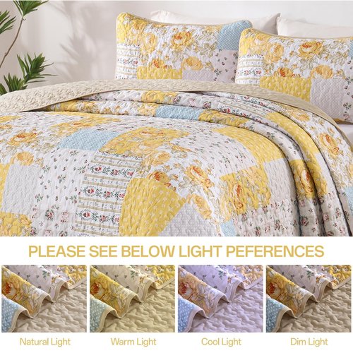 Anibedding Yellow Patchwork Quilt Set Queen Size Boho Floral Plaid Bedspread Coverlet Set, Soft Microfiber Bedding Set Summer Bed Cover, Yellow & Blue Patchwork Farmhouse Bedspread for All Season