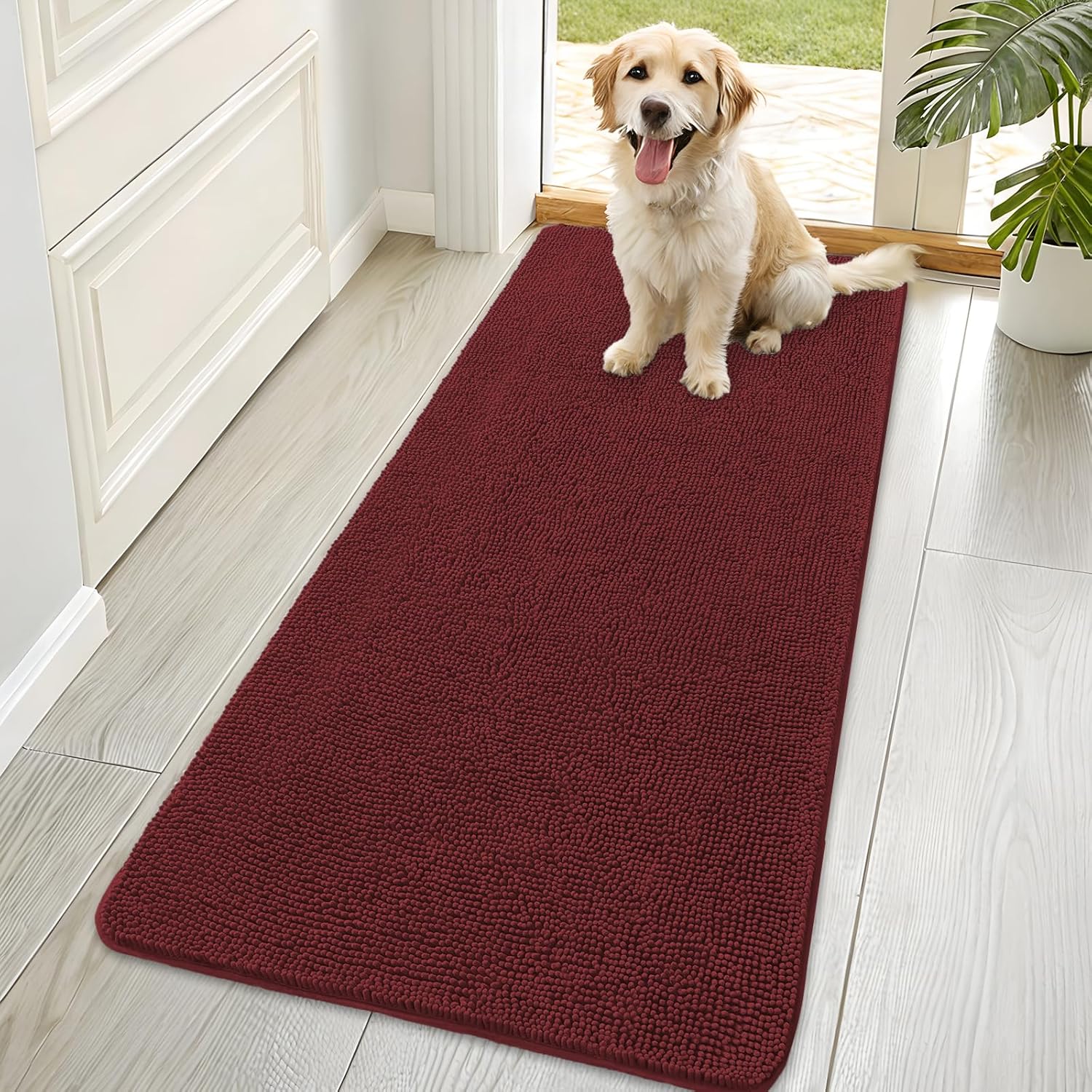 OLANLY Dog Door Mat - Absorbent Non-Slip Washable Doormat for Muddy Paws | 70x35, Quick Dry Chenille, Caramel Russet