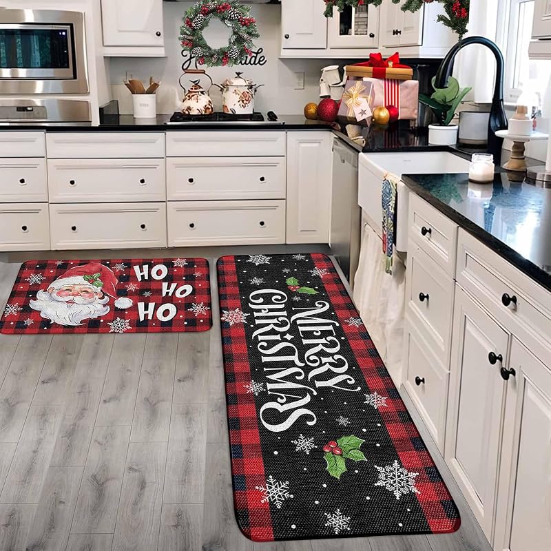 Santa Claus Christmas Kitchen Rugs Set of 2 16x24 & 16x48 Inches Plush Velvet Non-Slip