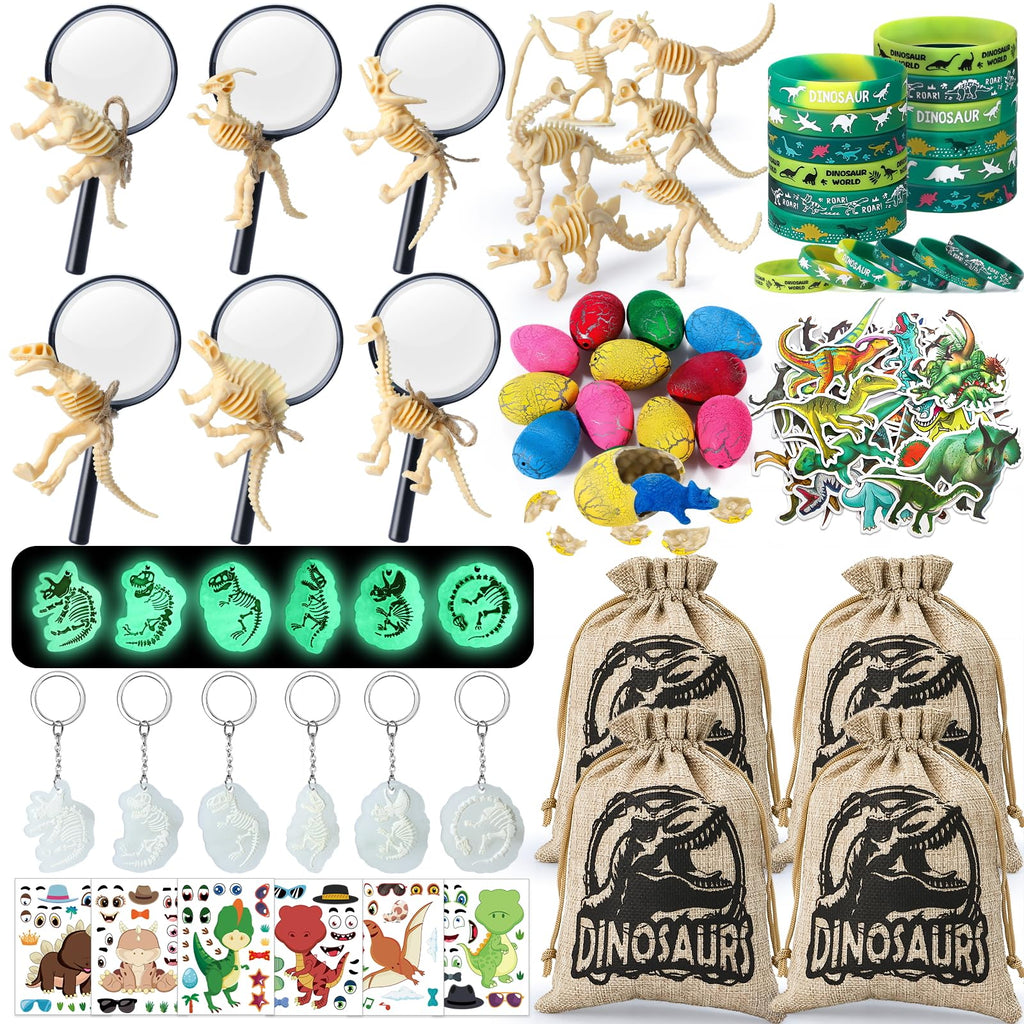 SNLN 12 Sets Dinosaur Party Favors for Kids Birthday, Magnifying Glasses Luminous Keyring Dino Egg Sticker Dino Party Supplies with Skeleton Toy Silicone Bracelet Gift Bag Dino Theme Stuffer Fillers