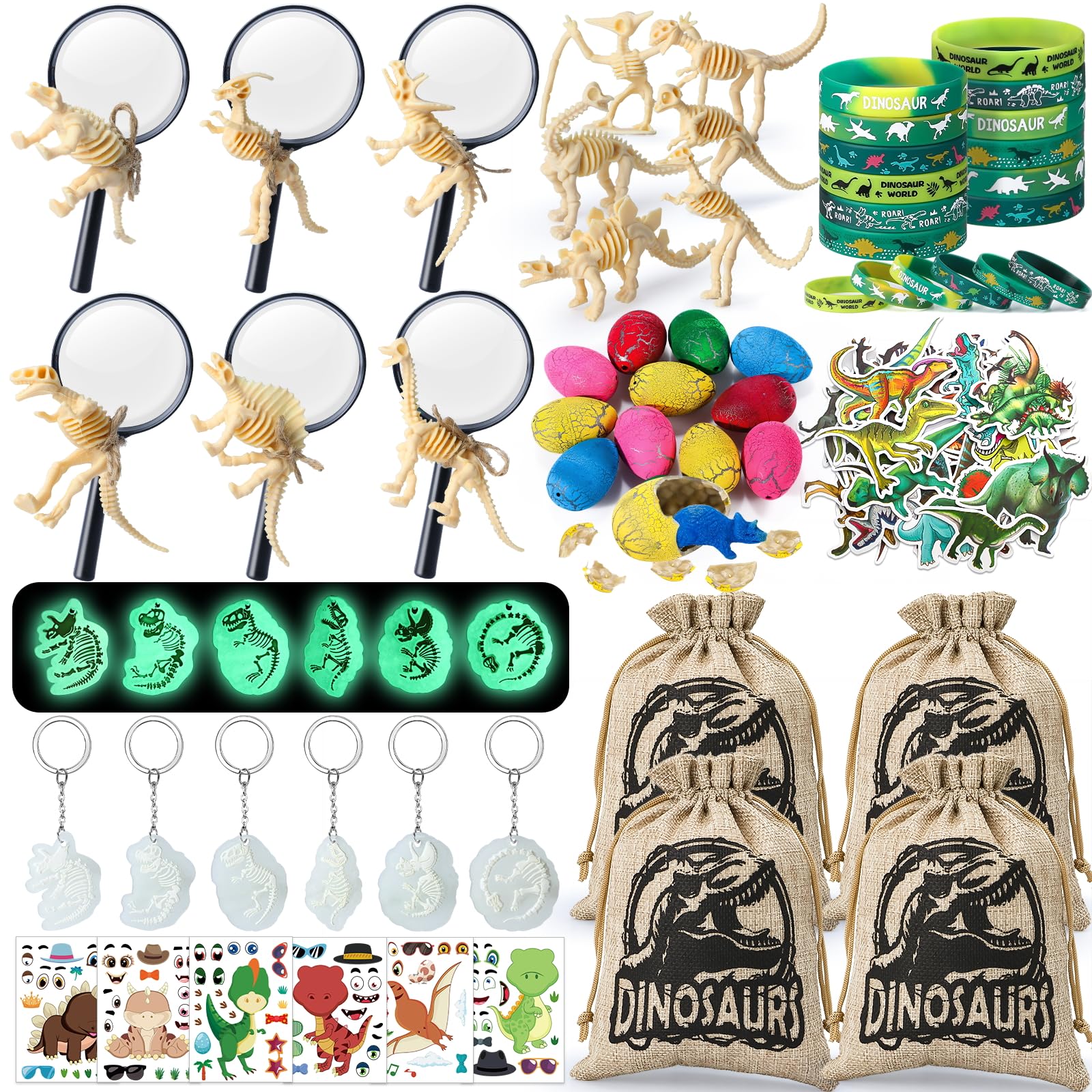 SNLN 12 Sets Dinosaur Party Favors for Kids Birthday, Magnifying Glasses Luminous Keyring Dino Egg Sticker Dino Party Supplies with Skeleton Toy Silicone Bracelet Gift Bag Dino Theme Stuffer Fillers