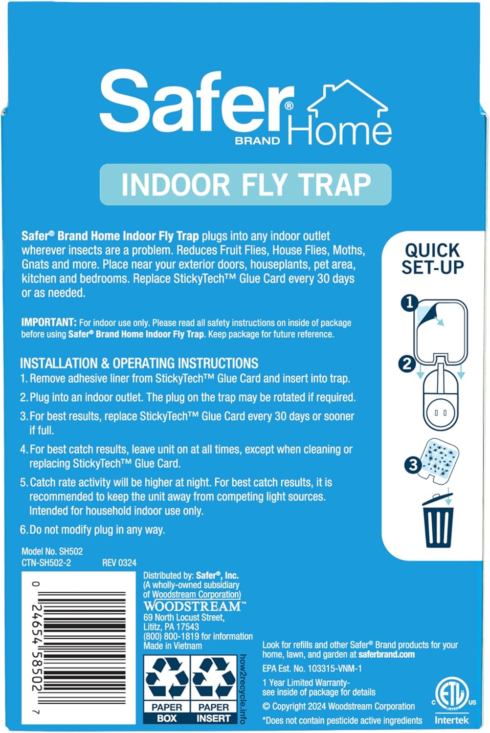 Safer Home Indoor Plug-In Fly Trap - Effective Gnat & Fruit Fly Control | Covers 400 Sq Ft - Includes 2 Glue Cards