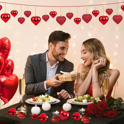 36Pcs Valentine's Day Heart Ornaments, 2 Size Heart Shaped Valentine Ornaments for Tree, Red Glitter Baubles, Anniversary Romantic Valentine's Day Tree Hanging Decorations