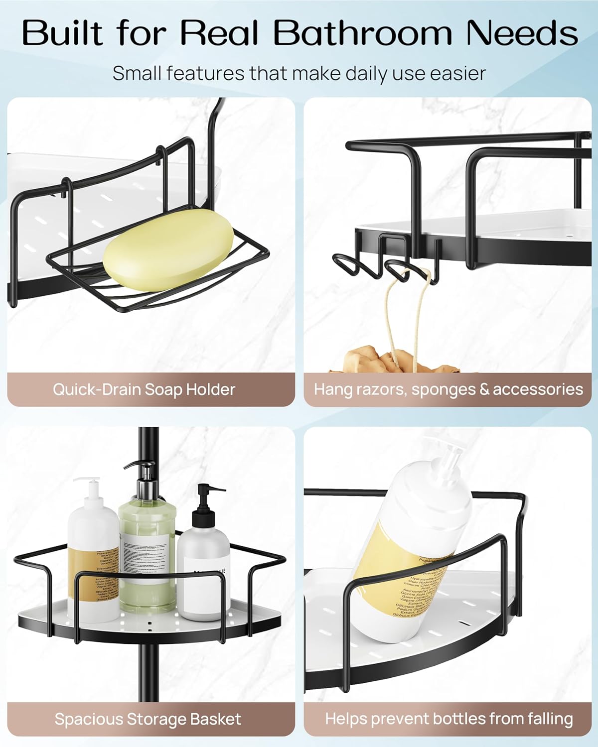 ALLZONE Corner Shower Caddy - Rustproof Stainless Steel Tension Pole with 4 Baskets & Extra Hooks | Fits 34–116 Inch, Black/White