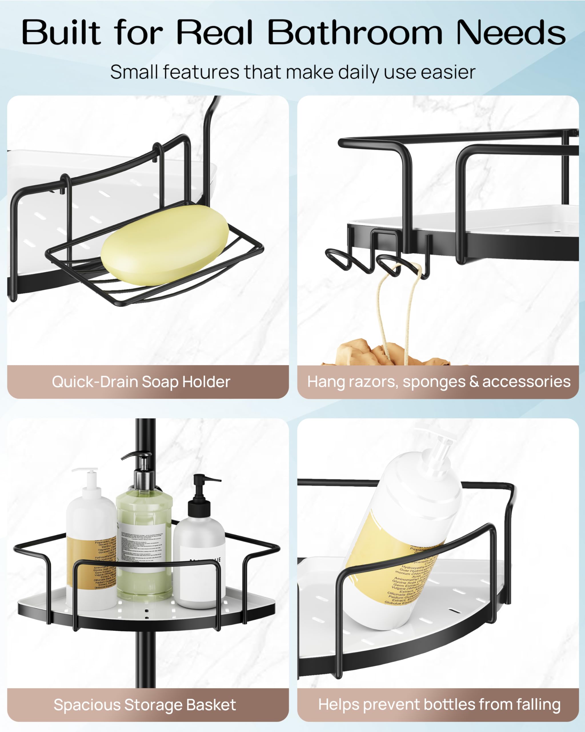 ALLZONE Corner Shower Caddy Tension Pole, 4 Hang-On Basket with Mixed-Height Shelves for Various Bottle Sizes, Extra Hooks & Soap Holder, Rustproof Stainless Steel, Fits 34–116 Inch, Silver