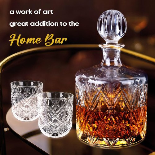 Crystal Whiskey Decanter Set for Men, Premium 37 Oz Decanter with 4 Whiskey Glasses, Whiskey Stones, Tongs - Classic Liquor Decanter for Scotch, Bourbon, Vodka, and More - Perfect for Home Bar