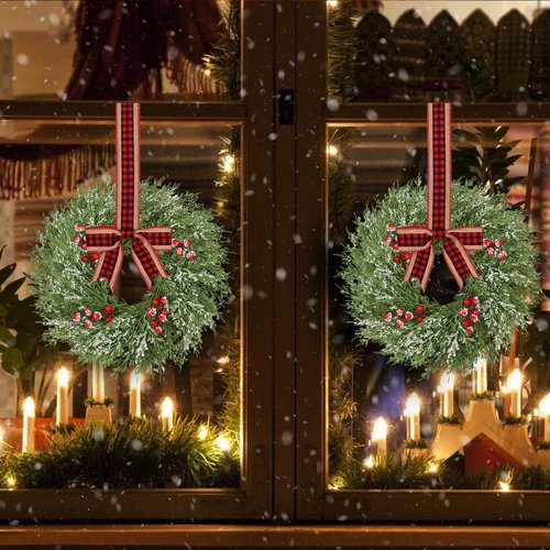6 Pcs 14 Inch Small Christmas Wreath, Christmas Wreaths for Windows, Winter Mini Wreaths Christmas, Cabinet Wreaths for Kitchen, Window Decorations for Front Door Candle Rings Outdoor Indoor