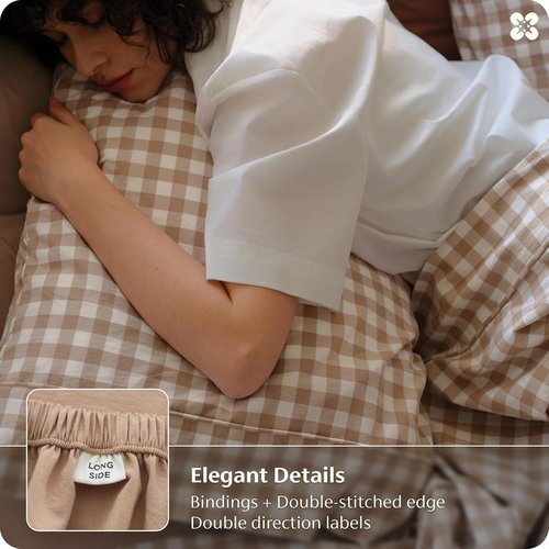 Bedsure 100% Washed Cotton Percale Sheets - Soft Gingham Queen Size Set with 18" Deep Pocket (Brown)