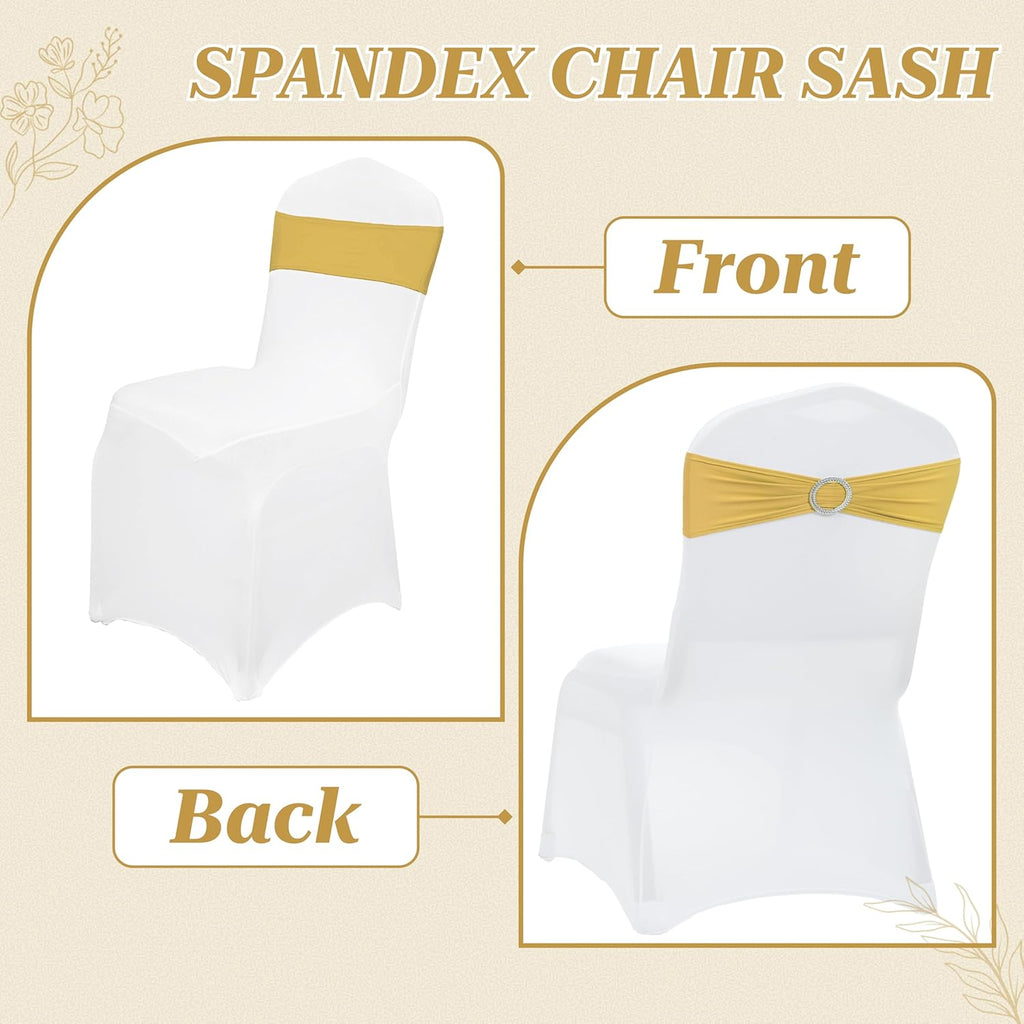 MDS Spandex Chair Sashes - Pack of 150 Elastic Stretch Bows with Buckle Slider for Wedding Decor | Gold