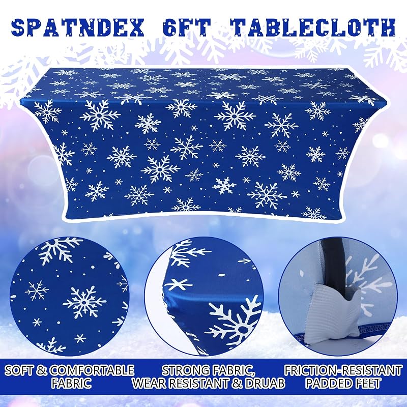 2 Pcs Winter Stretch Table Cover 6 ft Blue Snowflake – Variation: 2+Snowflake