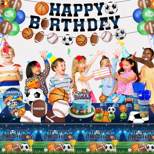191 PCS Sports Birthday Party Decorations Includes Plates, Napkins, Cups, Knives, Forks, Banner, Cake & Cupcake Toppers, Tablecloth for Sports Themed Party Decorations, Serves 24