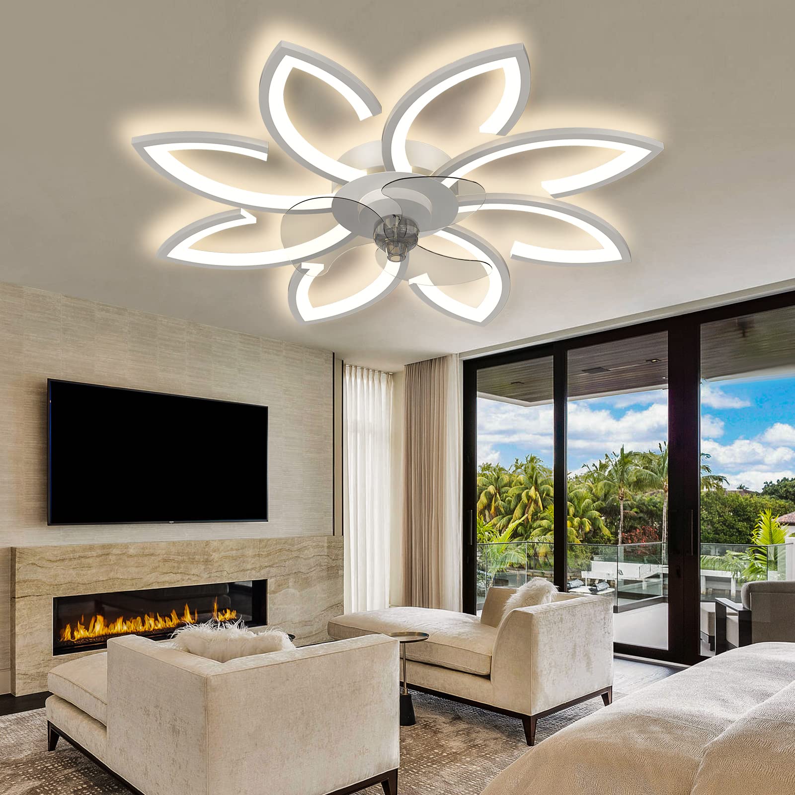 SUROTET Bladeless Ceiling Fan With Lights, Modern Flush Mount With Dimmable LED Light and Remote Control, Low Profile 6 Gear Wind Speed Timing for Kids Room Bedroom 35.4in*5.5in