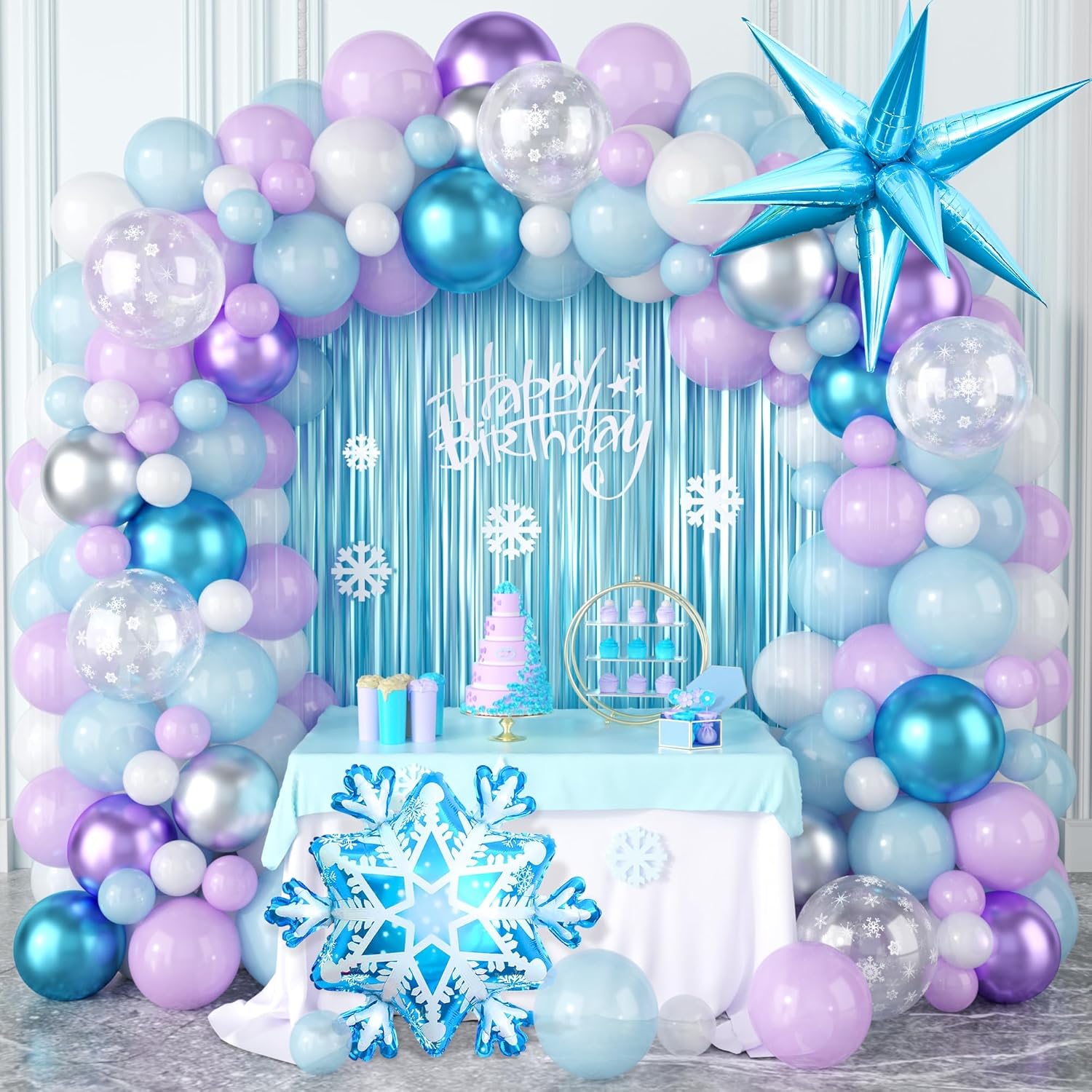 Snow Balloon Garland Arch Kit - Winter Wonderland Decor with Snowflake Balloons in Pearl Blue, Purple & Silver