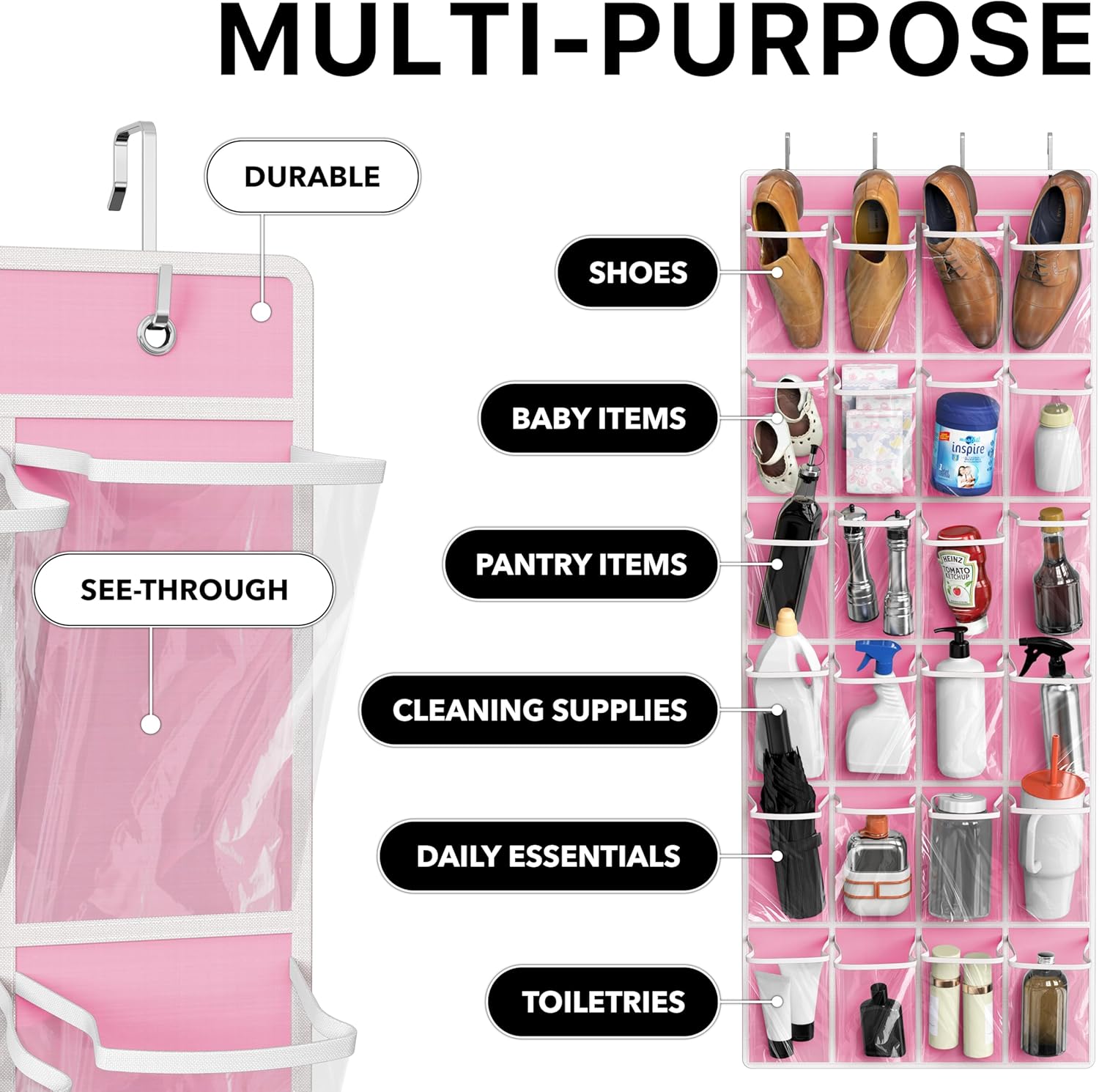 Simple Houseware Over The Door Hanging Shoe Organizer - 24 Clear Pockets, Pink (56" x 22.5")