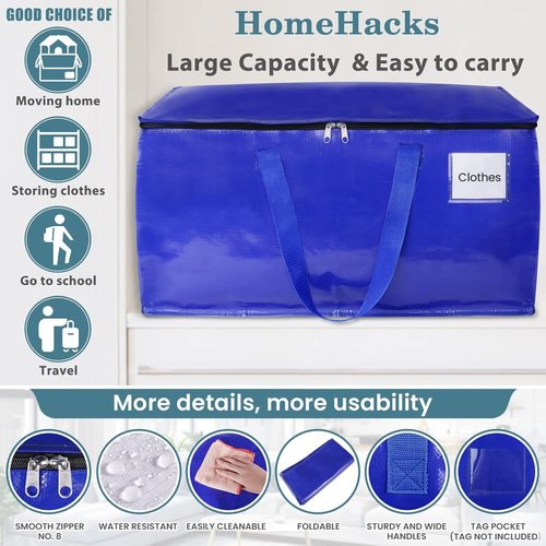 HomeHacks Moving Bags - 8-Pack Heavy Duty Storage Totes with Strong Zippers & Handles | 93L (Blue)
